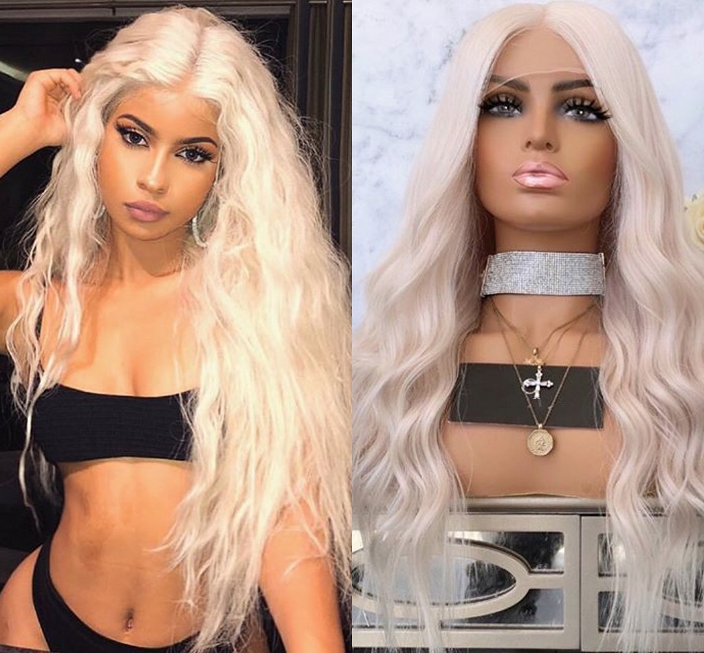 

Platinum Blonde Synthetic Lace Front Wig Long Wavy Cosplay Hair Heat Resistant Fiber Glueless Daily Wigs For Women 24 Inches, Blonde color like picture show