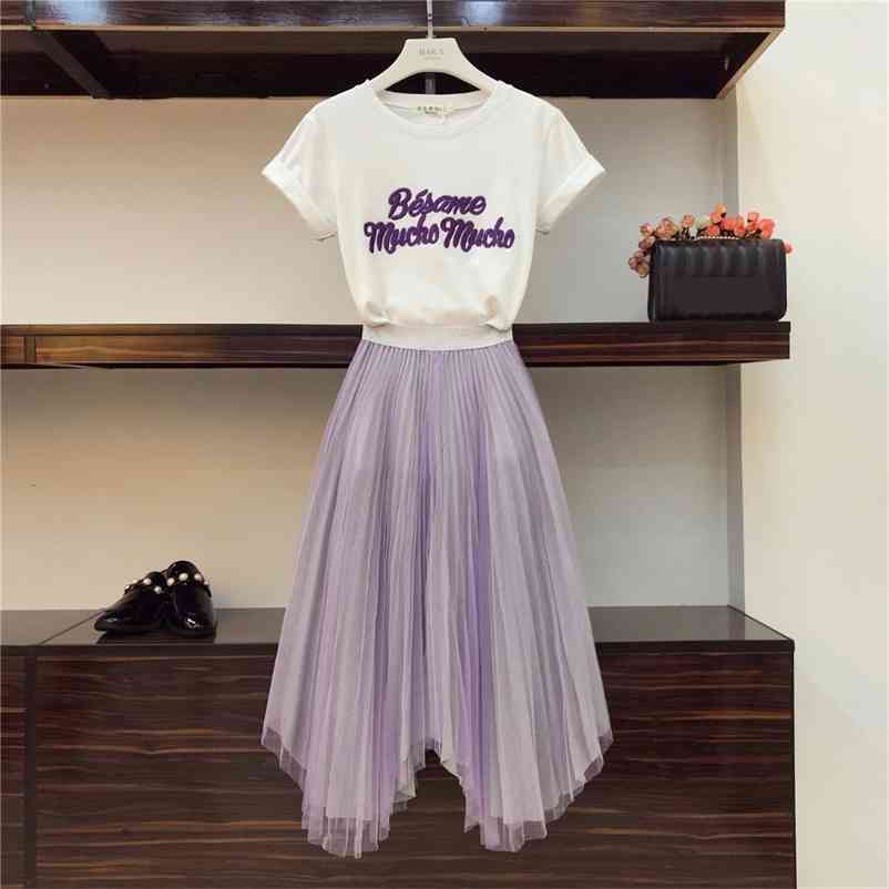 

In stock Summer Women Letter T-shirt + Beautiful Skirt 2 pcs sets Female Fashion Suits 210519, 8328879
