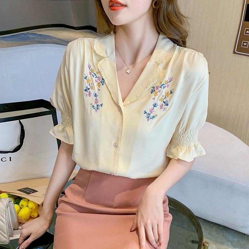 

Women' Blouses & Shirts Casual Yellow Floral Blouse Women Aesthetic Short Sleeve Summer 2021 Office Lady Elegant Button Up V-neck