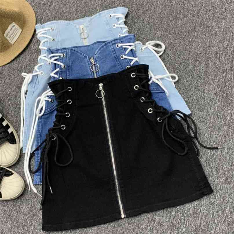 

Denim A-line lace-up skirts women front ring zipper fashion empire mini skirt bottoms 210629, Black