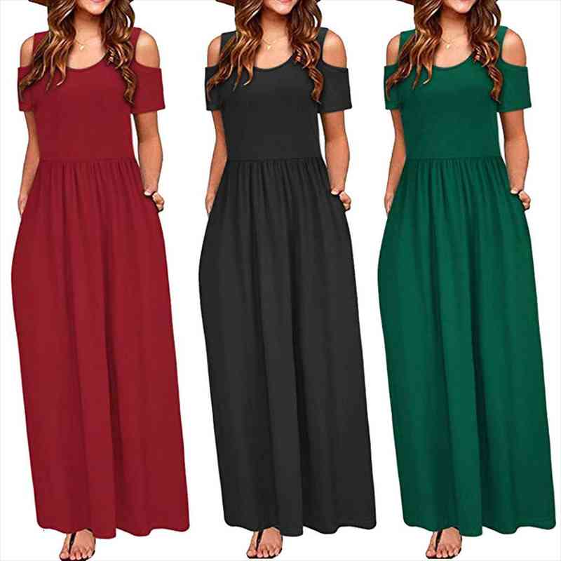 

Summer Off Shoulder Long Women Dress Maxi Elegant Pocket Short Sleeve Loose Beach Boho T Shirt Robe Femme, Black;gray