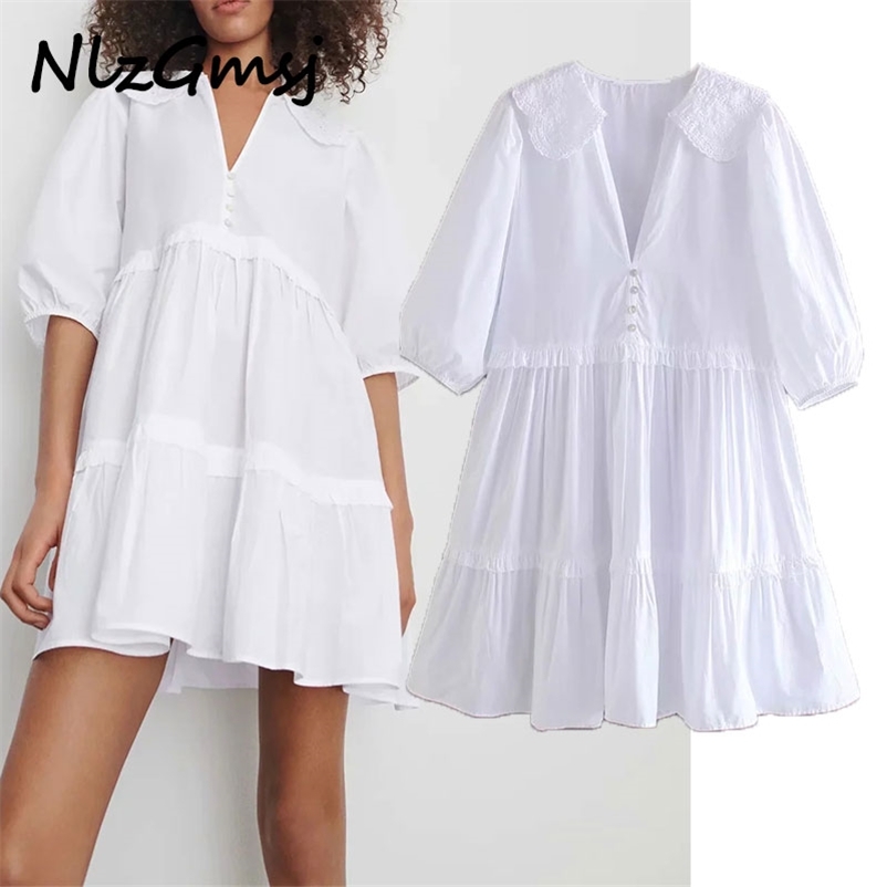 

Dres Poplin Short es Woman Cutwork Embroidery Sleeve Chic Ruffle Summer 03 210628, As picture