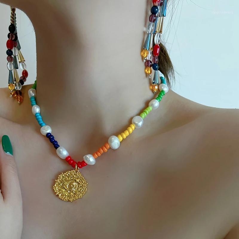 

Chains AENSOA Bohemia Colorful Beads Pearl Chain Necklace Irregular Metal Pendant 2021 Fashion Jewelry Women Beaded Accessories