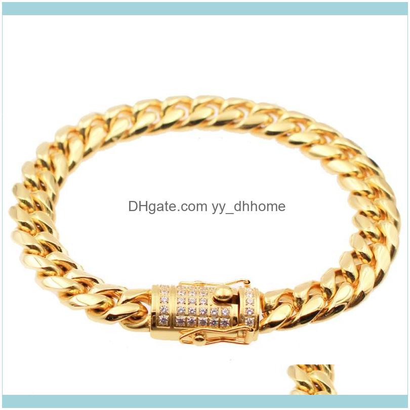 

Link, Jewelrylink, Chain Men Miami Cuban Bracelets Stainless Steel Hip Hop Iced Out Bling Jewelry Double Safety Clasps With Cz Bangle Drop D