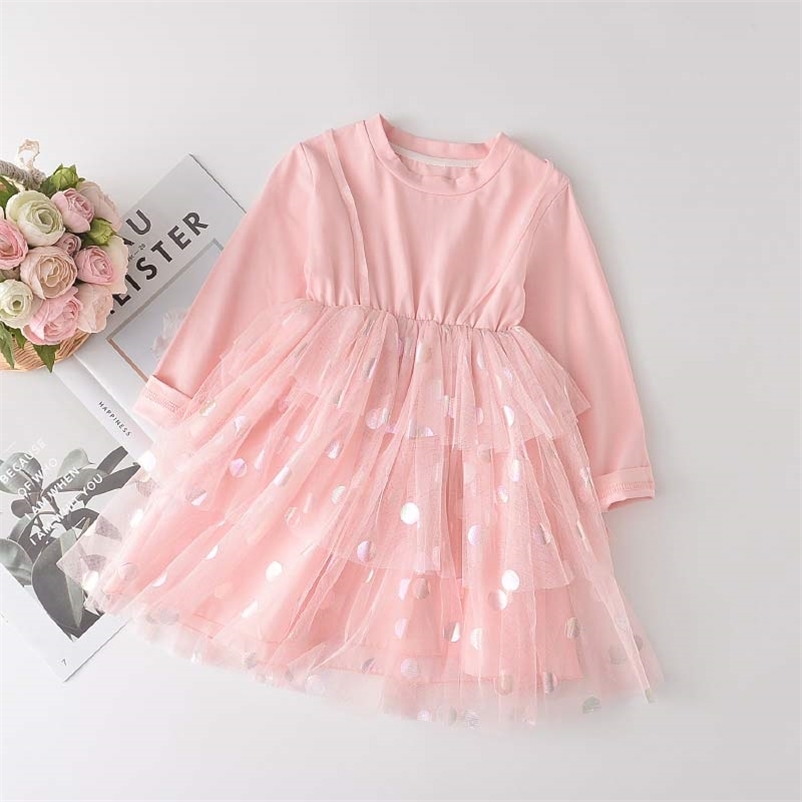 

Girls Sequined Party Dress Fashion Kids Princess Dresses Autumn Mesh Layered Vestidos Toddler Outfits 3 7Y 210429, Ah917pink