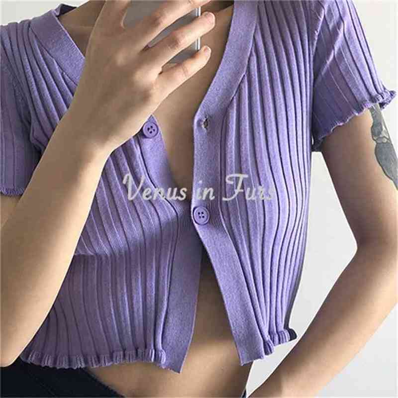 

Fashion Women Ctop Sweater Summer Short Sleeve Sexy V Neck Single Breasted Knit Tops Woman Cardigan 210525