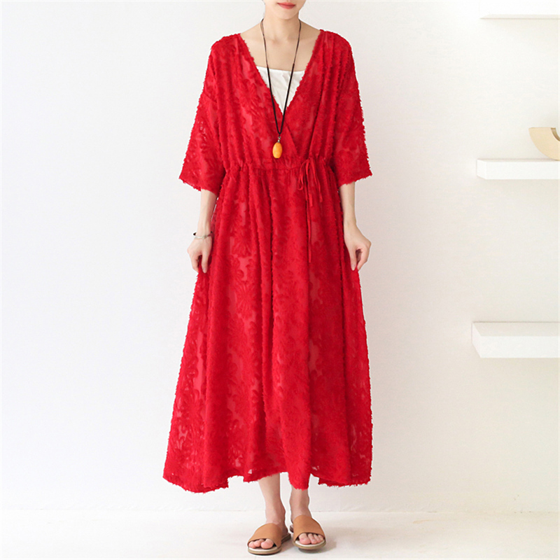 

Johnature Women High Waist Dress Autumn Vintage Loose Belt Robes V-Neck Seven Sleeve Fall Female Casual Jacquard Dress 210521, White