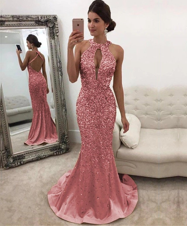 

2021 New Pink Evening Dresses Jewel Neck Sequined Lace Long Backless Mermaid Prom Dress Sweep Train Custom Illusion Robes De Soirée