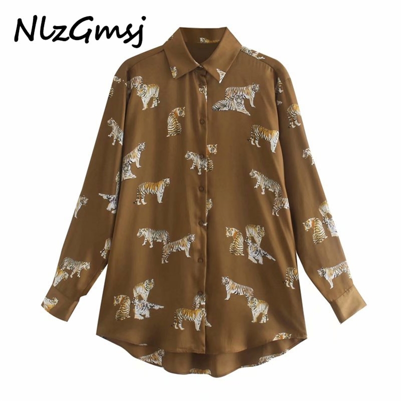 

Women Fashion Animal Print Loose Blouses Vintage Long Sleeve Button-up Female Shirts Chic Tops 210628, As picture