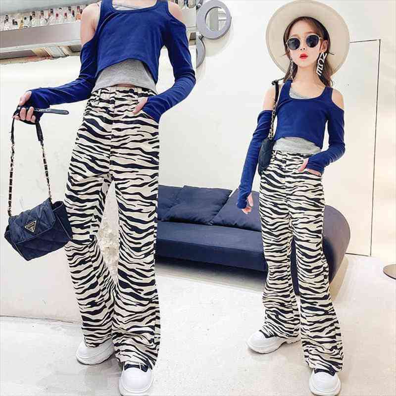 

girls spring stripe casual pants girls fashionable korean style personality toe fashion and sports pants, Blue
