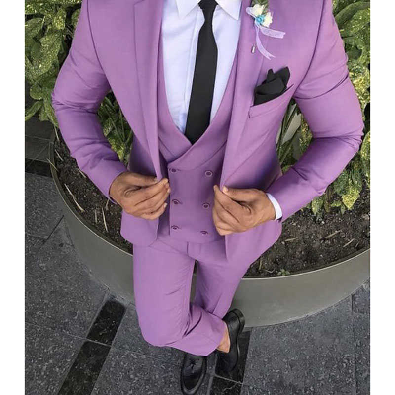 

2020 Latest Coat Pant Design Purple Pink Men Suit Slim Fit Groom Tuxedo 3 Piece Custom Wedding Suits Prom Blazer Terno Masculino X0909, As the image