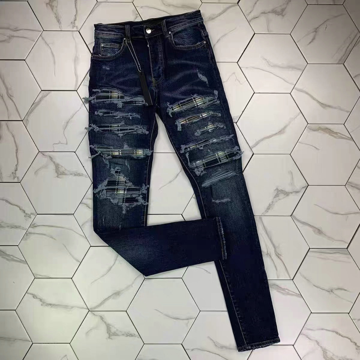 

HM526 High quality Mens jeans Distressed Motorcycle biker jean Rock Skinny Slim Ripped hole stripe Fashionable snake embroidery Denim pants, Blue