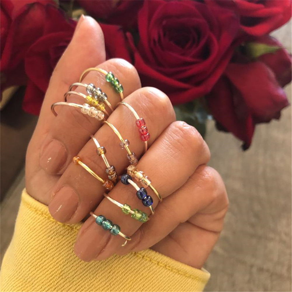 

Exquisite Reduce Pressure Glass Beaded Ring Women Relax Anxiety Fidget Adjustable Folding Rings 3 Beads Meditation Handmade A990, Golden;silver