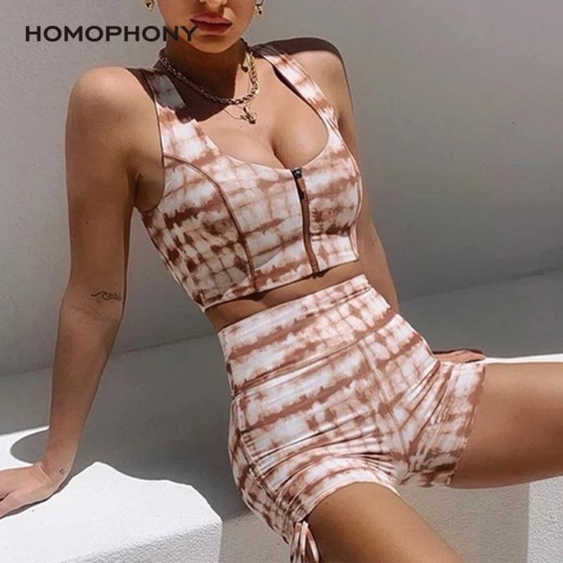 

Homophony Short Sets Sexy Crop Tops Tie Dye Zipper Drawstring Shorts And Top Sweet Casual Women Two Piece 0utfits Ensemble Femme Women' Tra, White