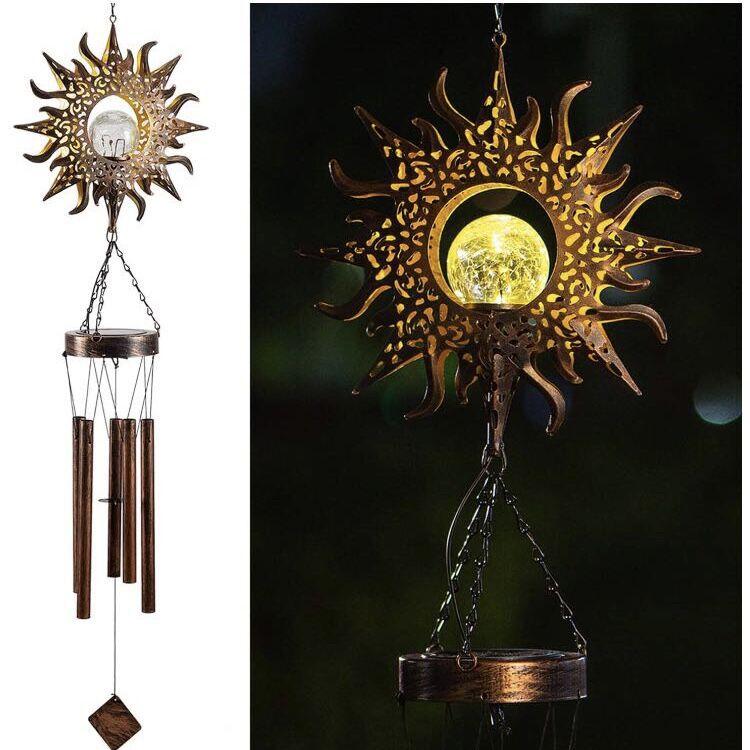 

Decorative Objects & Figurines Solar Power LED Light Sun/Moon Wind Chime Hollow Out Hanging Lamp For Countryside Garden Festival Decoration