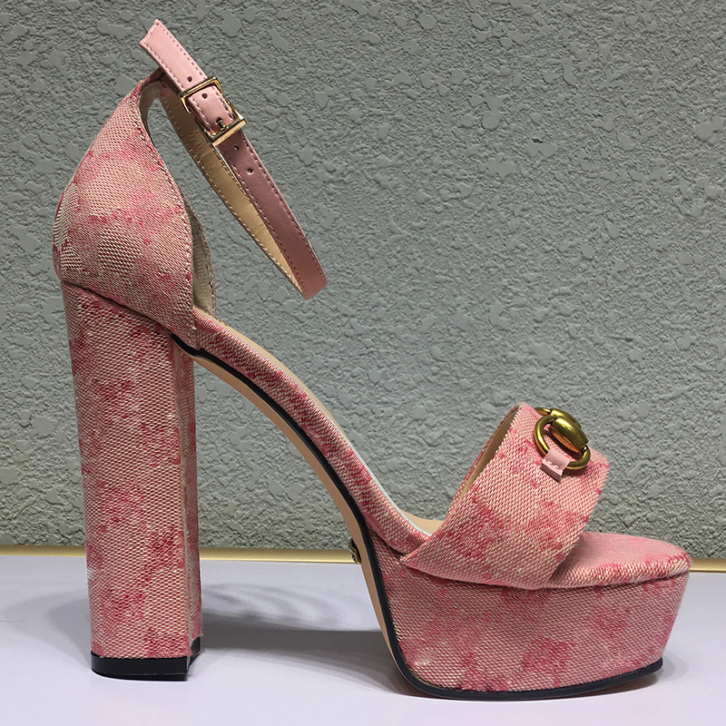 

summer High quality womens heeled sandals Fashion Buckle Strap printing Cloth Platform Slides chunky Heel Shoe genuine leather women Shoes sandal factory outlet, Blue