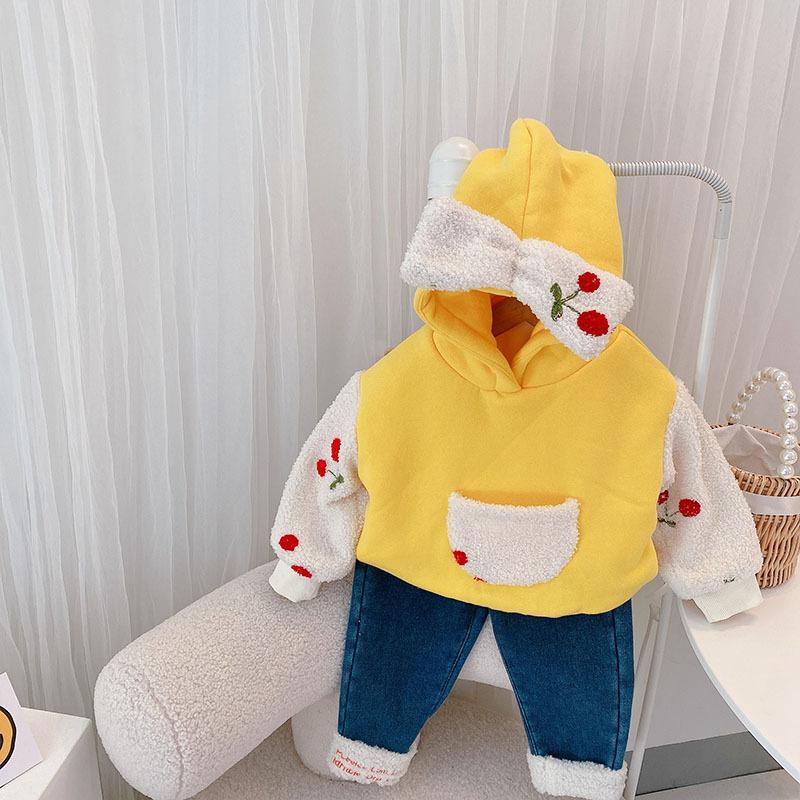 

Jackets Winter Children Kids Thick Fleece Cherry Print Hooded Pullover Hoodies Warm Outerwear Girls Casual Coats Casaco, Blue;gray