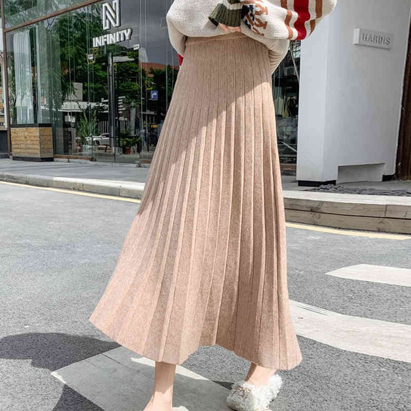 

Autumn Winter women long skirts Thick warm knitted pleated sweater Elastic waist A-line winter 210524, Beige