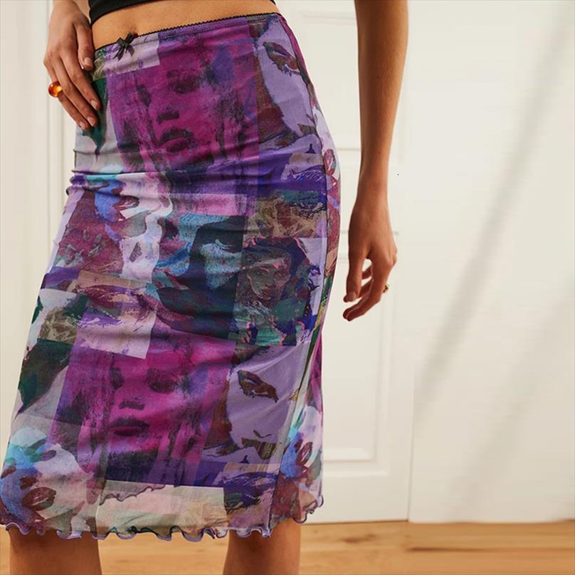 

y2k gothic face portrait print womens skirt midi e girl vintage high waist double layers mesh straight women punk streetwear, Black