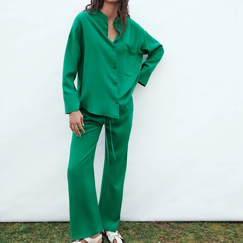 

Two Piece Set Women Top and Pants Outfits For Summer Loose Blouse Pocket Shirt Sets 210525, Green