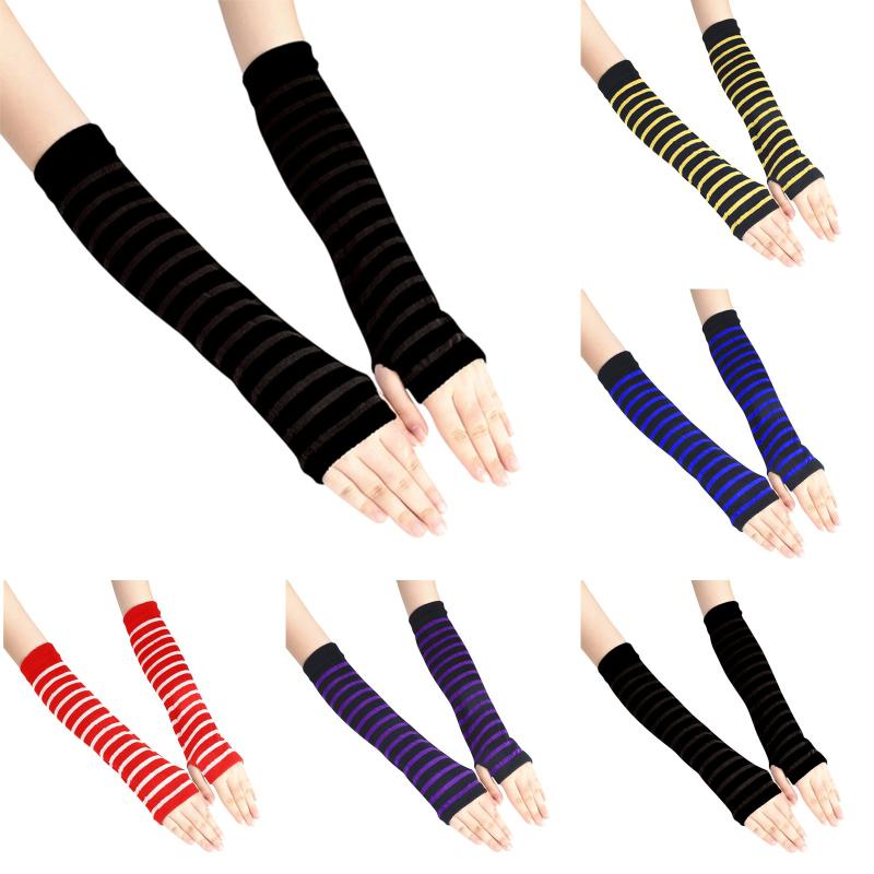

Five Fingers Gloves Fingerless Arm Sleeve Anime Women Fishnet Sports Emo Punk Striped Hand Warmer Mesh Long Cotton Fashion Sleeves, Blue;gray