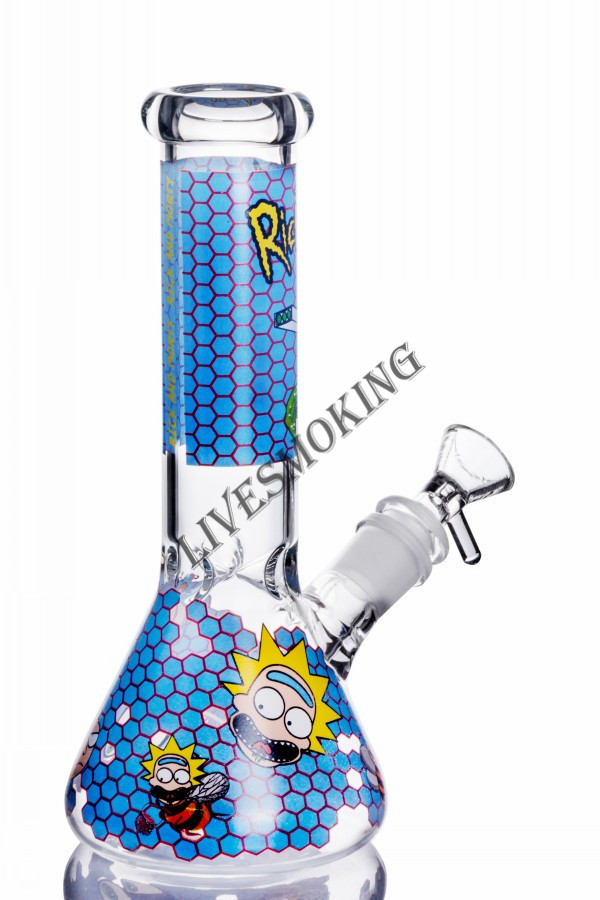 

Blue Morty Rick Printing Beaker Bong Stemless Water Pipe Thick Recycler Glass Water Bong 18mm Joint Handle Bowl Oil Rigs Hookahs