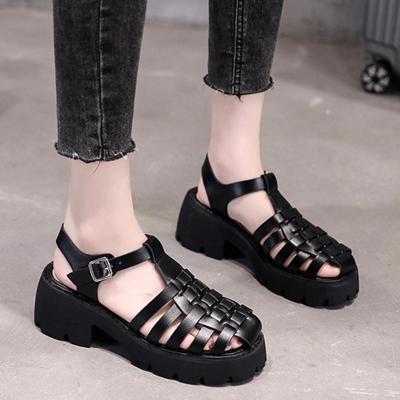 

Sandals Black Woven Gladiator Women Summer Casual Hollow Out Square Heels Woman Ankle Strap Platform Shoes Ladies, Beige