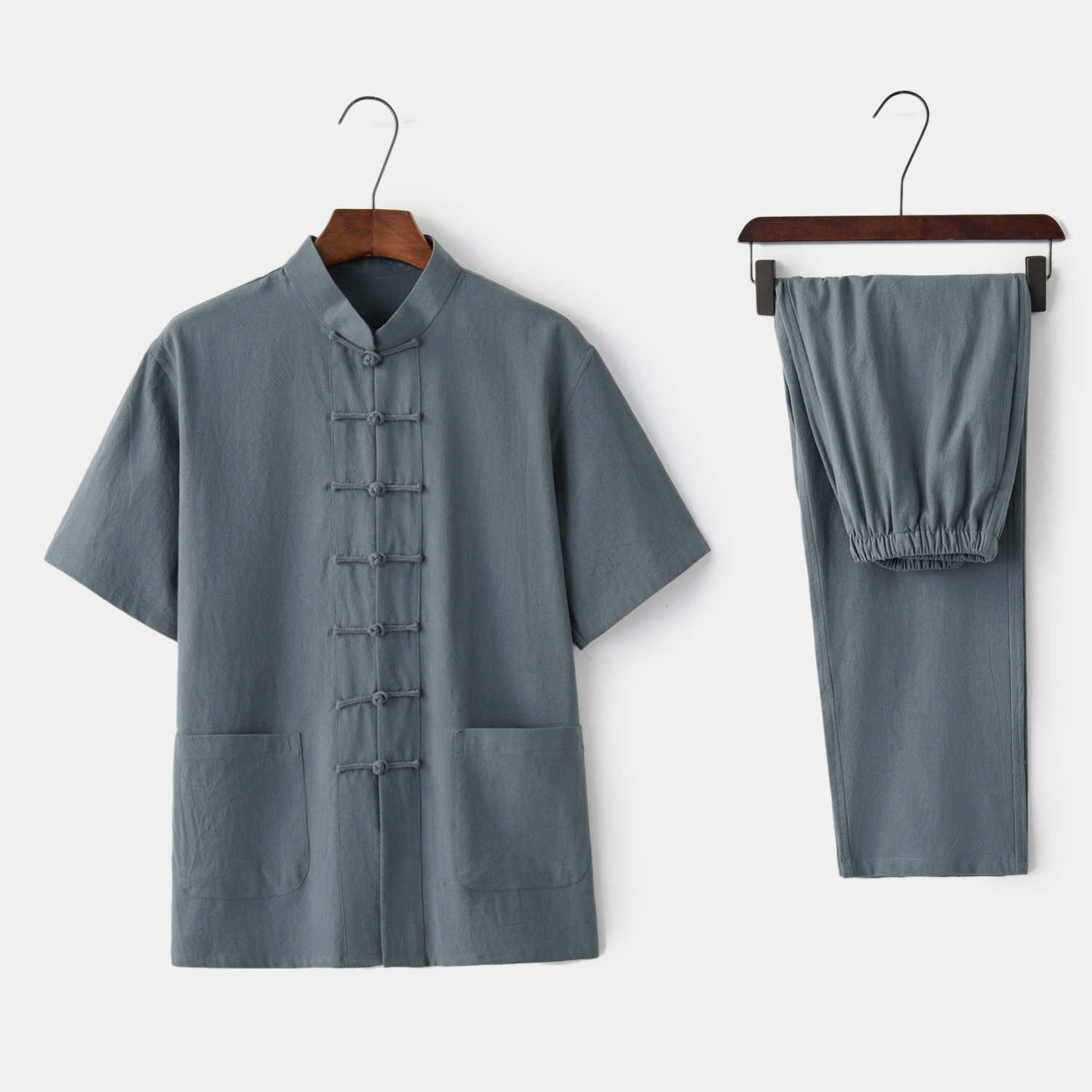 

Summer cotton and hemp Tang short sleeve suit, Beige