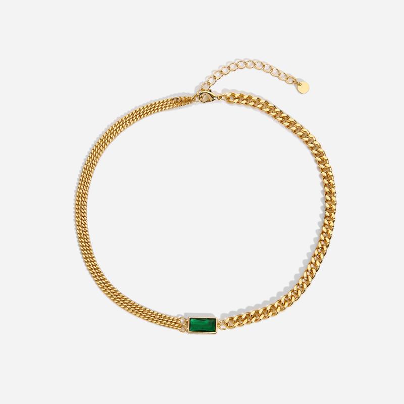 

Pendant Necklaces 18K Gold Plated Stainless Steel Choker Jewelry For Women Cuban Chain Green Zircon Stone Necklace Holiday Gift