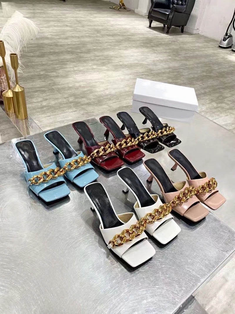 

Fashion Metal Chain Slippers Women Peep Toe High Heels Slip On Slides Elegant Sandals Summer Shoes Flip Flops Zapatillas Mujer, Red