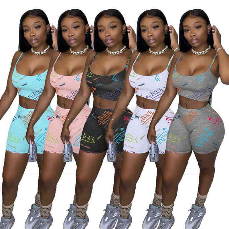 

Summer Women tracksuits 2 Piece Set Shorts Outfits Designer Letter Printed Casual Clothing Sexy Suspenders Tops Suit Plus Size 2021, Gray