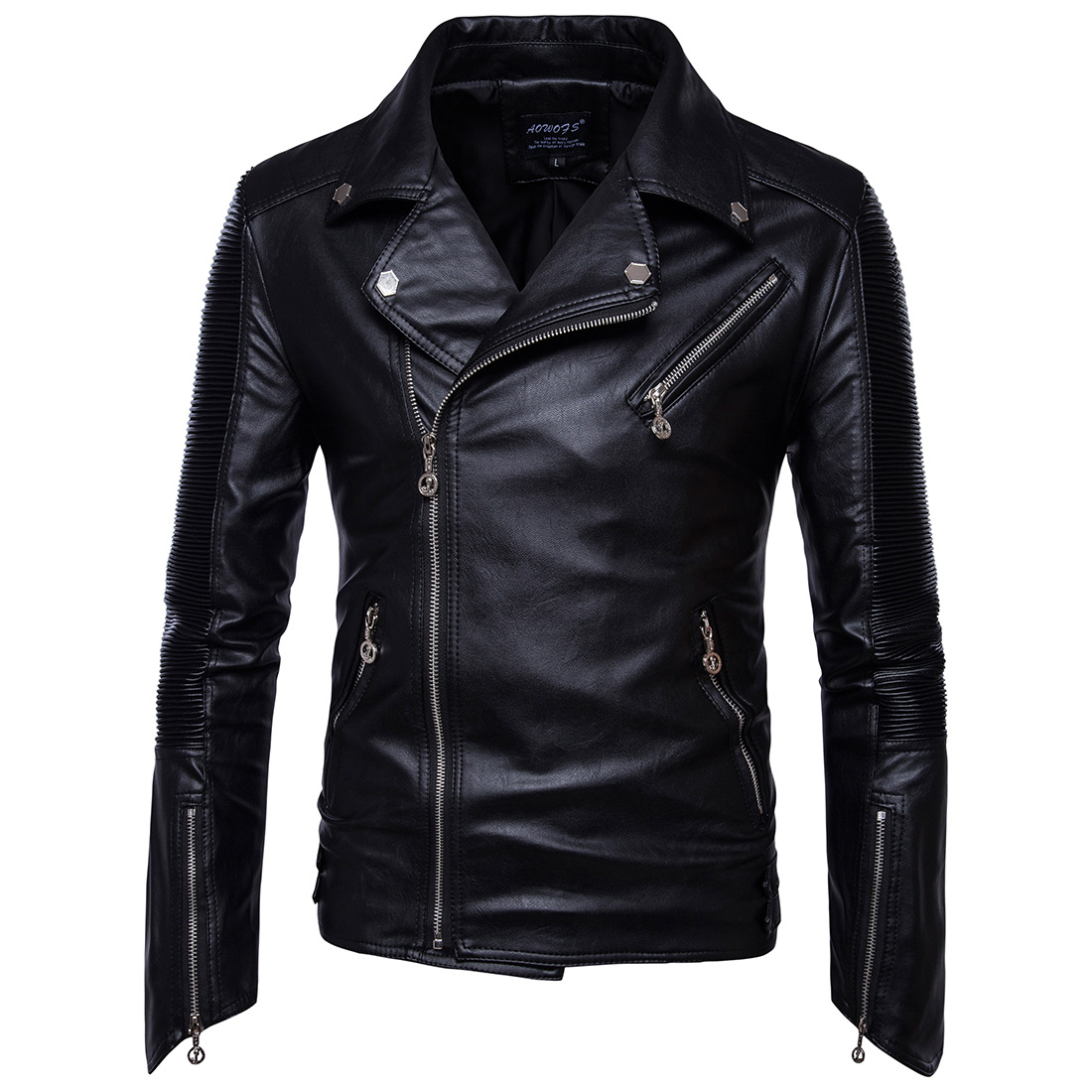 

Men Moto Biker Learher Jackets and Coats Good Quality Male Folds Leather Coats Slim Fit Multiple Zippers PU Leather Coats 5XL, Black