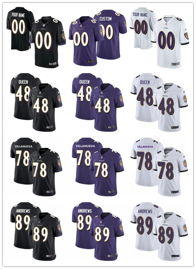 

Men Women Youth Baltimore Ravens 48 Patrick Queen 89 Mark Andrews 78 Alejandro Villanueva custom Purple Football Jersey, Black;red