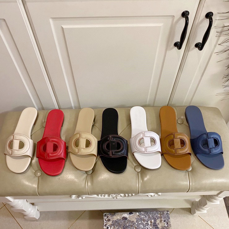 

Fashion designer sandals ladies slippers high quality genuine leather D letter flip flops black red
