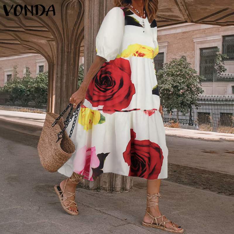 

VONDA 2021 Women Dress Casual O Neck Short Lantern Sleeve Dresses Plus Size Bohemian Vestidos Femme Floral Printed Sundress 5XL, Black