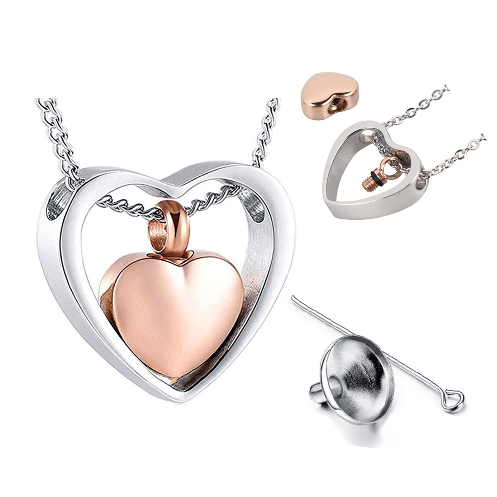

Wholesale double heart urn necklace cremation jewelry ashes necklace commemorative jewelry men and women necklace Keepsake- with beautiful black packaging bag