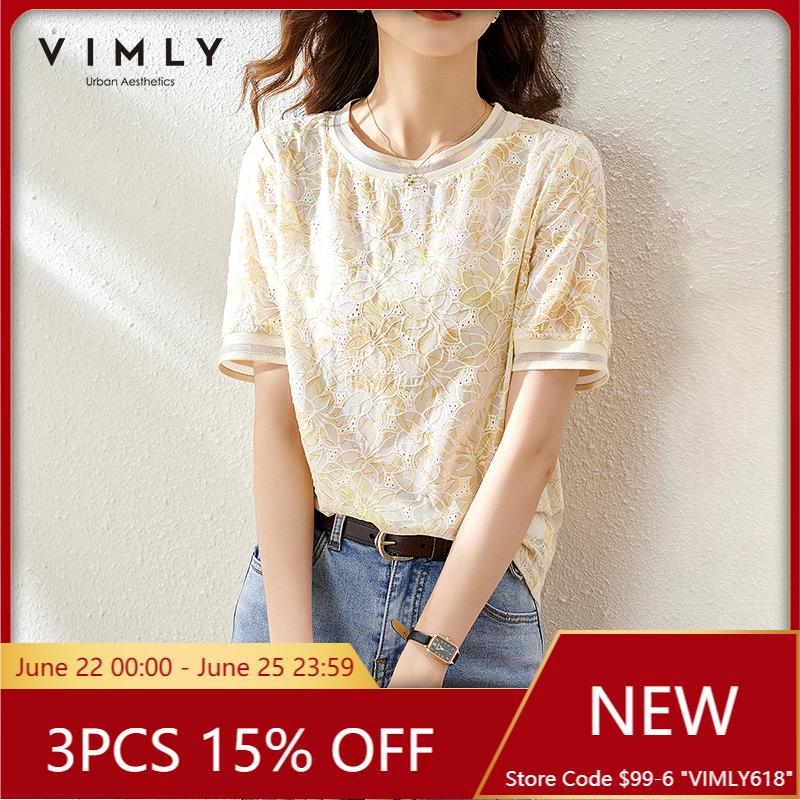 

Women' Blouses & Shirts VIMLY Summer Blouse 2021 Fashion Floral Embroidery Woman Tops Office Lady Yellow Chiffon Women F7652