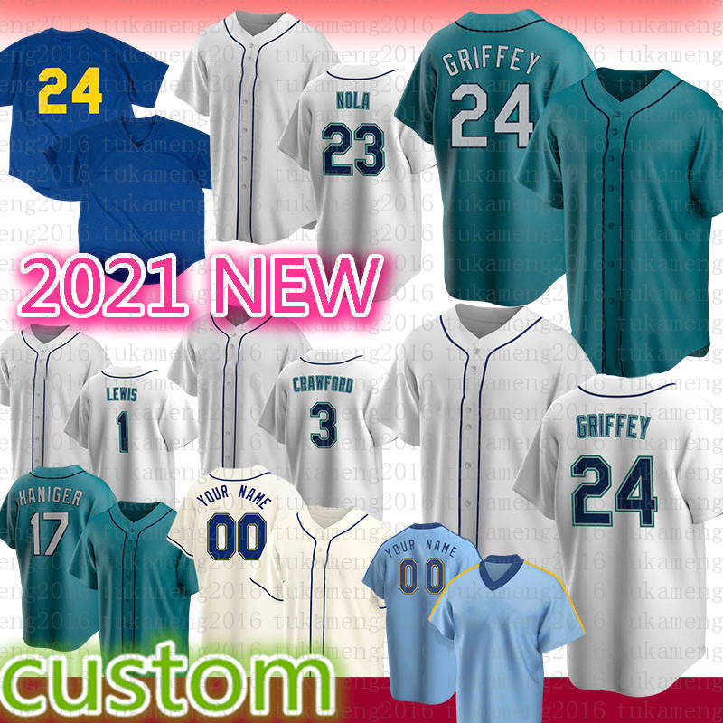 

New Baseball Jersey Seattle Mens 24 Ken Griffey Jr. 51 Ichiro Suzuki 23 Ty France 1 Kyle Lewis 34 Felix Hernandez 11 Edgar Martinez 3 J.P. Crawford 22 Robinson Cano Haniger, Please buy 10 piece - if only need logos