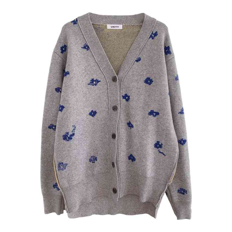 

Qooth Spring Woman' Sweaters Floral Print Knitted Buttons Cardiagans Ladies Grey Loose Knitwears QT409 210518
