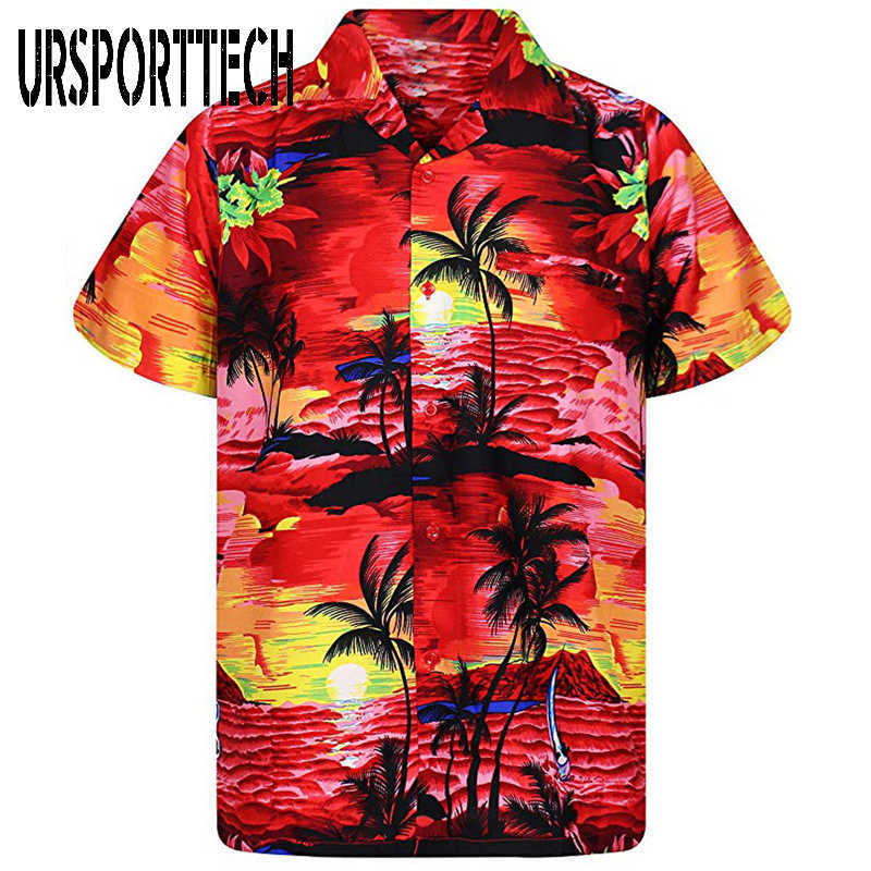 

Men Shirt Summer Casual Slim Fit Short Sleeve Hawaii Quick Dry Printed Beach Male Top Blouse Hawaiian 210528, Blue