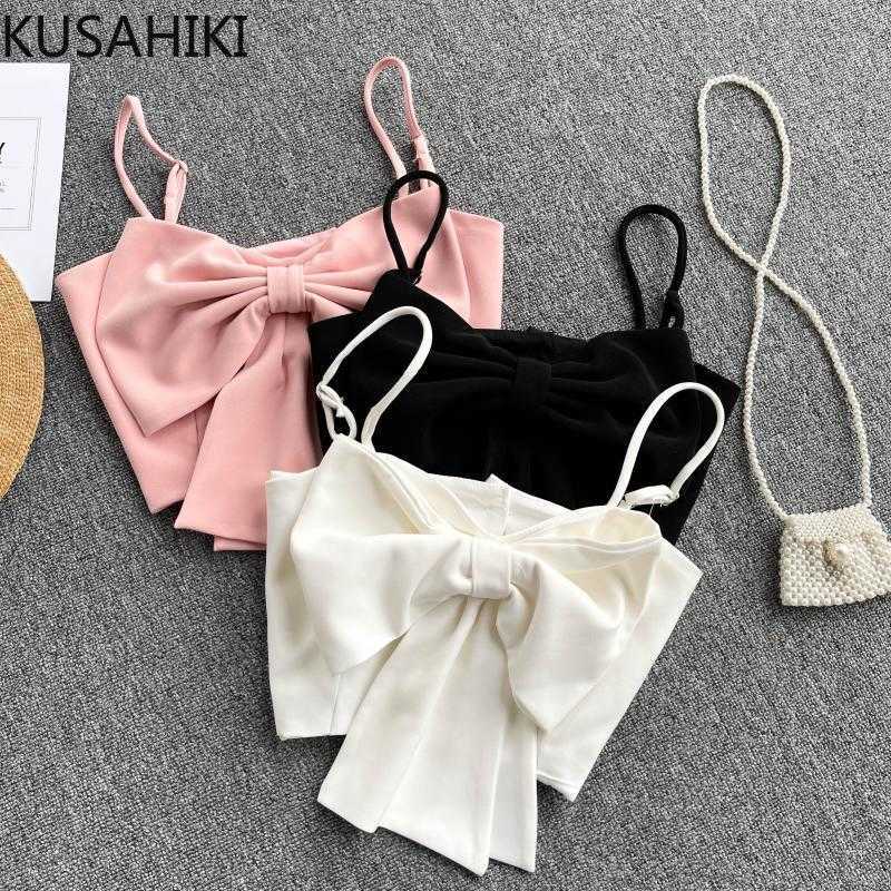 

KUSAHIKI Sweet Bowknot Tanks V-neck Sexy Strapless Backless Camis Casual Korean High Waist Short Women Tank Tops 6G331 210602, White