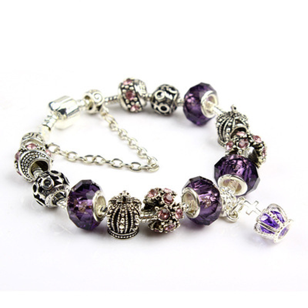 

8 Colors 18 19 20 21CM Charm Love Bracelet 925 Silver Plated Bracelets Royal Crown Accessories Purple Crystal Bead DIY Bead Bangle Wedding Jewelry