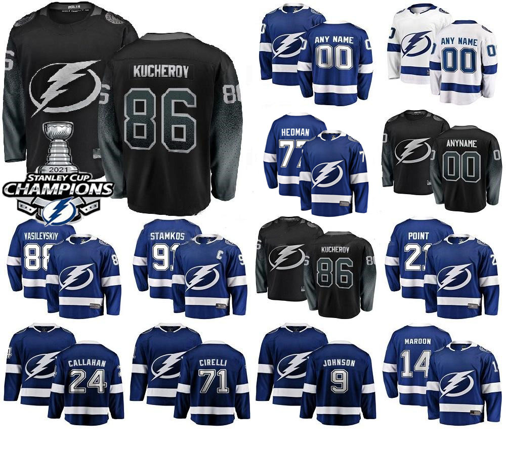 

2021 Tampa Bay Lightning Jersey Stanley Cup Champions Nikita Kucherov Steven Stamkos Victor Hedman Brayden Point Andrei Vasilevskiy Custom hockey jerseys Blue, Men colour 2