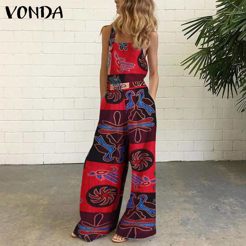 

Bohemian Rompers 2021 VONDA Sexy Printed Retro Jumpsuits Sleeveless Casual Loose Overalls Stylish Women Autumn Pantalon Palazzo, Wine red