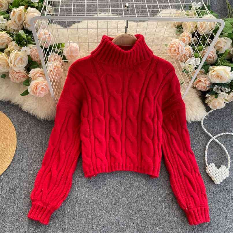 

Turtleneck Pullover Sweater Women Fashion Autumn Winter Loose Korean Style Long Sleeve Warm Twist Knitwear Short Jumper 210603, Apricot