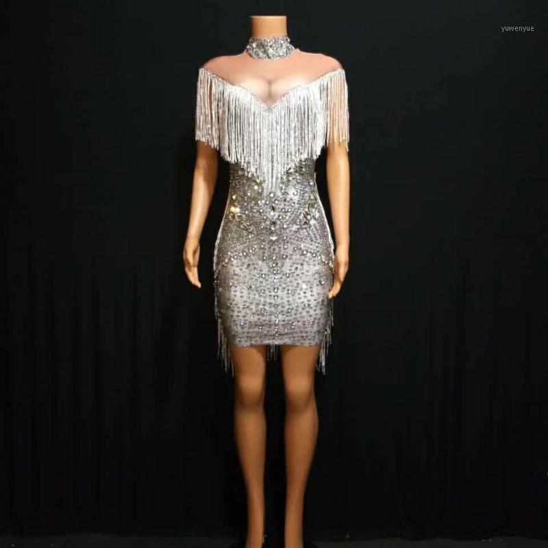 

Casual Dresses 2021 Silver Glitter Rhinestones Fringed Perspective Short Dress Sexy Birthday Party Graduation Singer Stage Wear