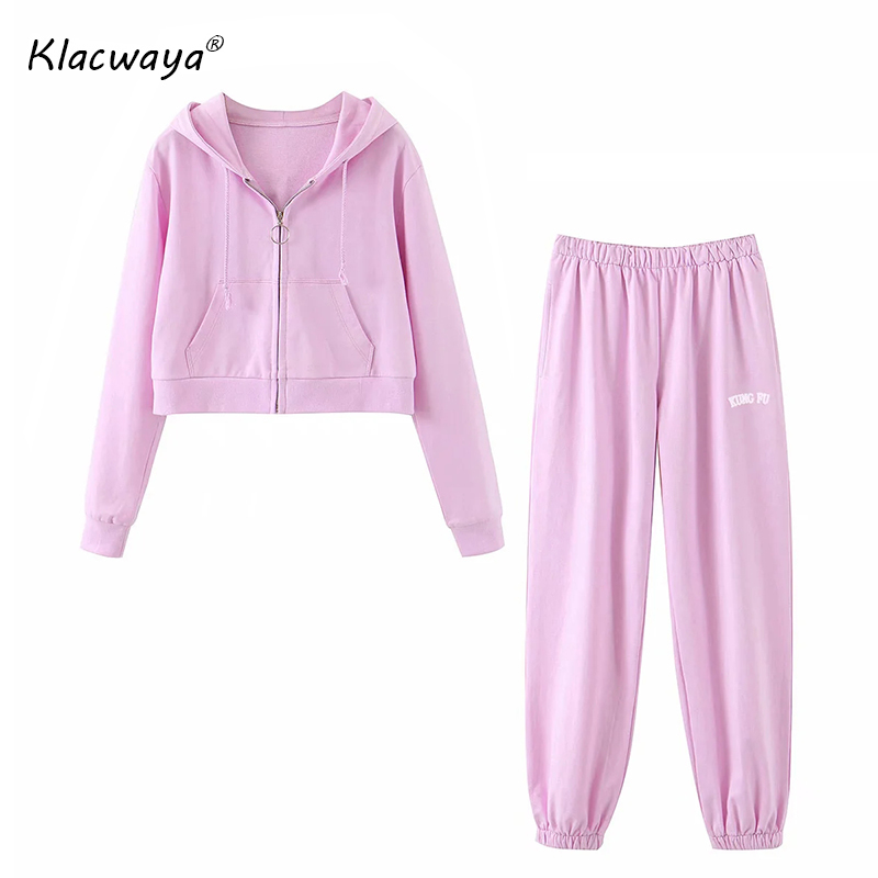 

2Pcs Pink Outfit Women Spring-Autumn Cotton Hooded Bomber Jacket Set Ladies Joggers Girls Loose Hoodies 210521
