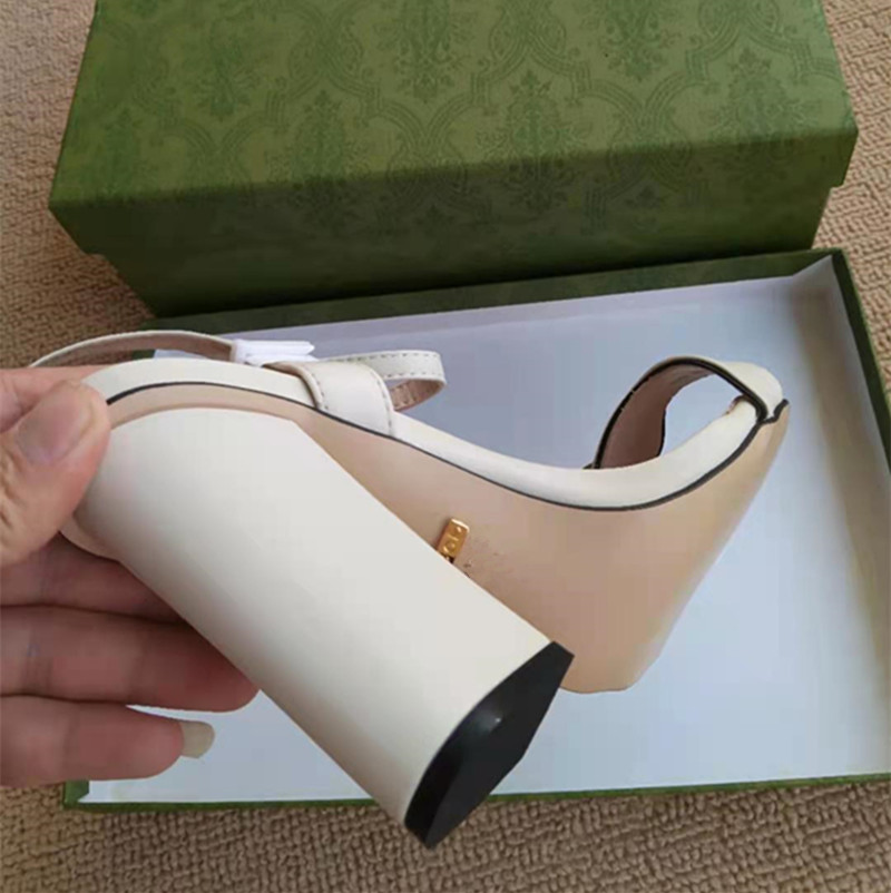 

2021 Designer High Heels womens sandal waterproof platform thick heel leather fashion shoes metal buckle party luxury sexy sandalss Black and white apricot 4 colors, Black heel height 10.5cm