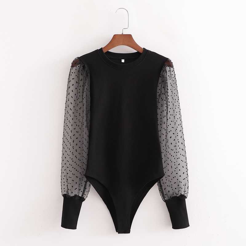 

Sexy Women Bodysuit Spring Fashion Transparent Sleeve Patchwork Stretch Knit Body Modern Lady Skinny Black Overall 210602