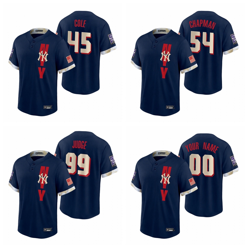 

New YorkYankeesMen Gerrit Cole 45 Aroldis Chapman 54 Aaron Judge 99 Women Youth Navy 2021 All-Star Game Replica Basketball Jersey